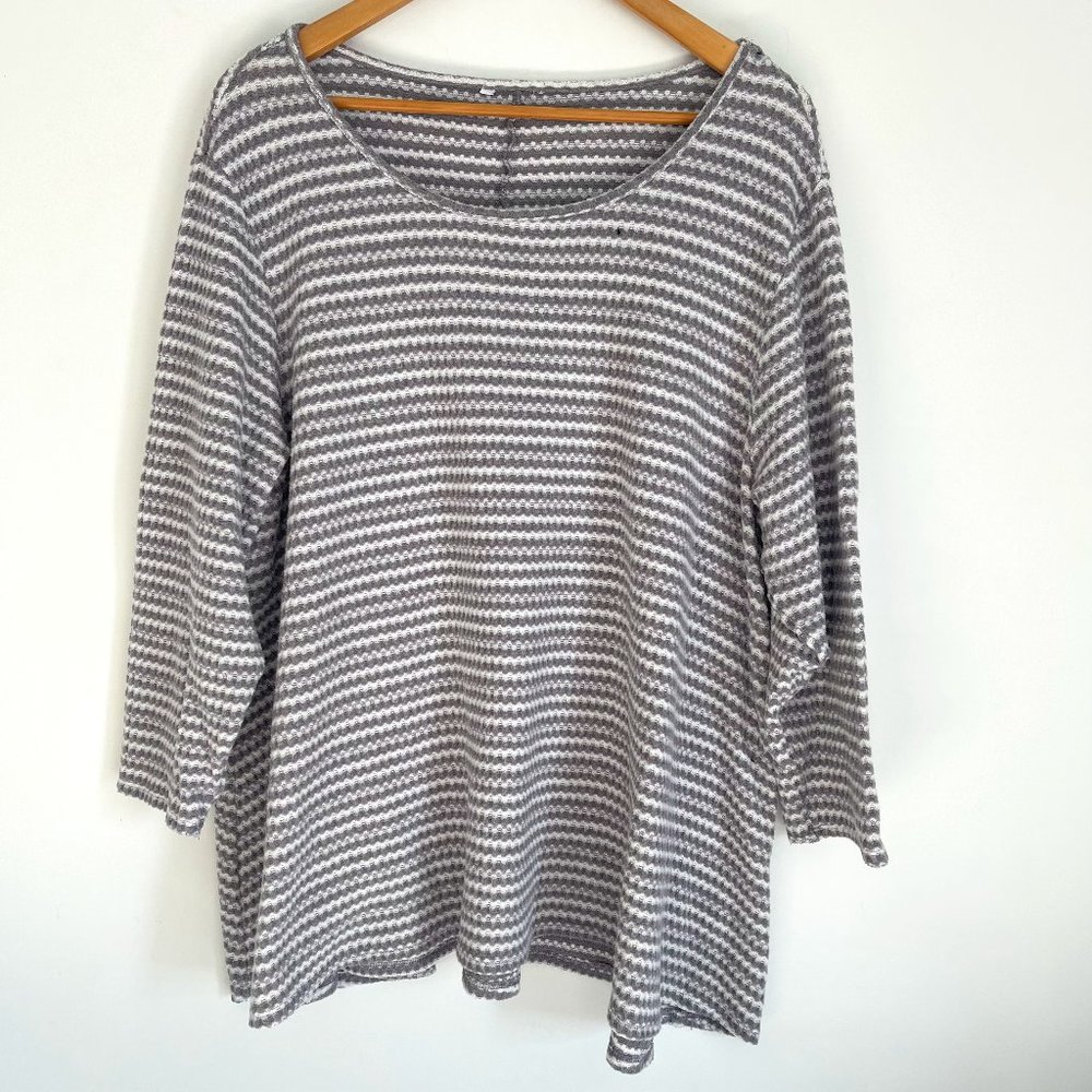 Women Gray White Striped Soft Stretch 3/4 Sleeve Pullover Top Size 2X